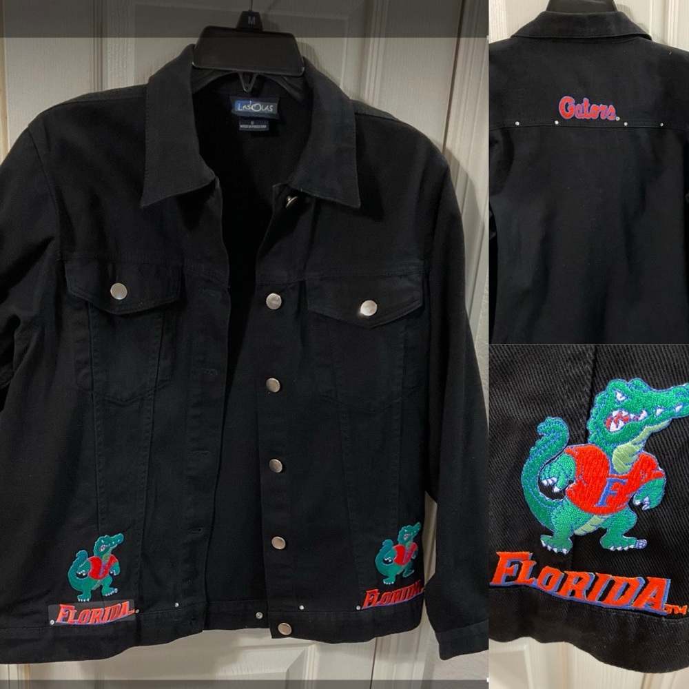 Las Olas black denim jacket with embroidered‎ Florida Gators logo. Size small